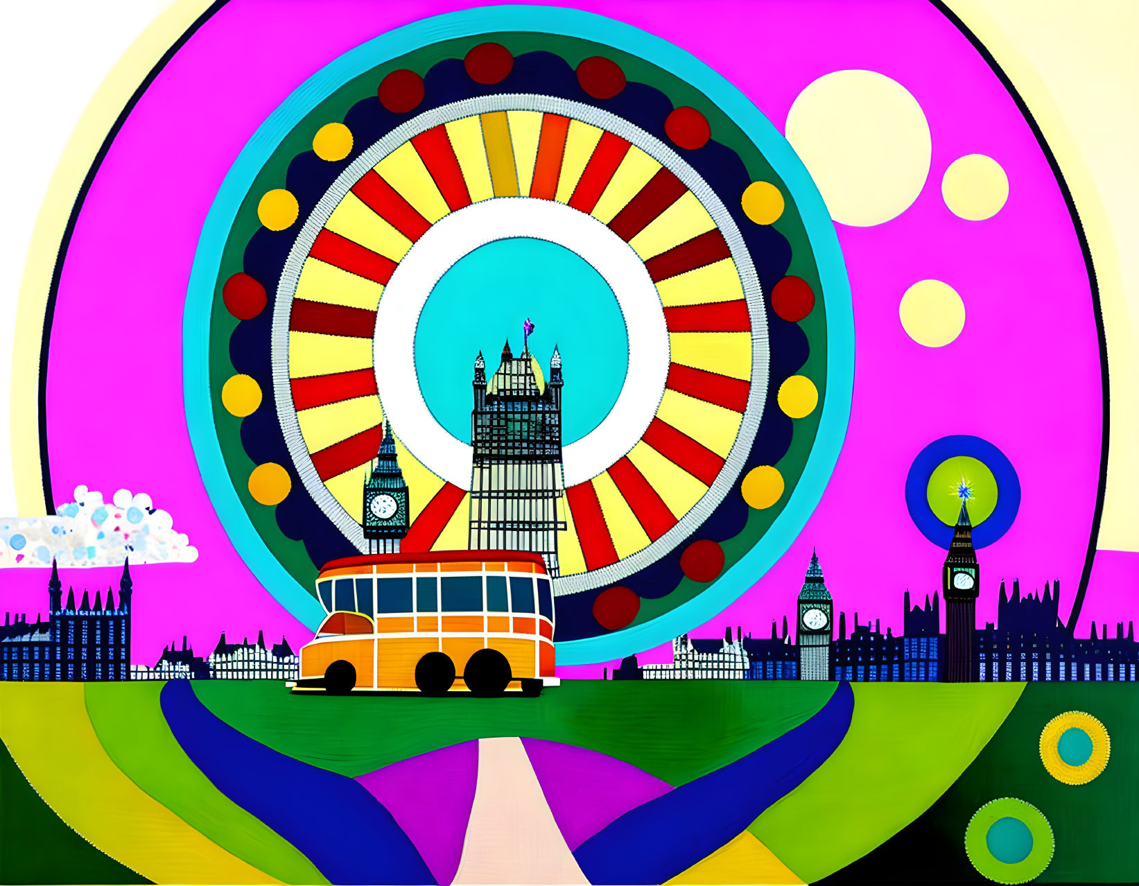 Colorful Abstract Art: Big Ben and Double-Decker Bus Illustration