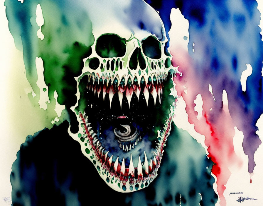 Skull with spiral eye and sharp teeth in vibrant watercolor painting