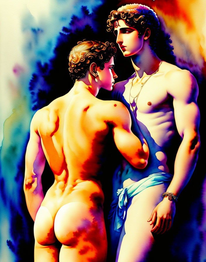 Muscular individuals in dramatic pose with vibrant colors.