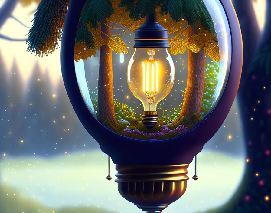 Illustration of light bulb lantern in magical forest