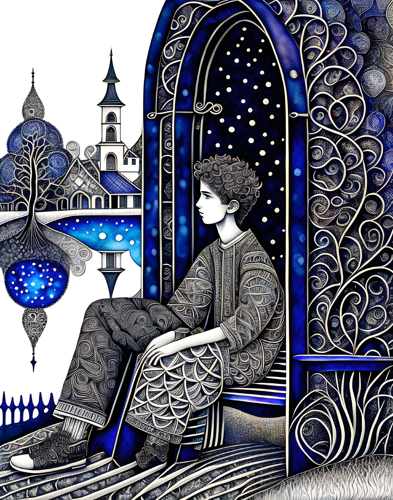 Illustration of person by ornate window with intricate patterns in blue nighttime motif