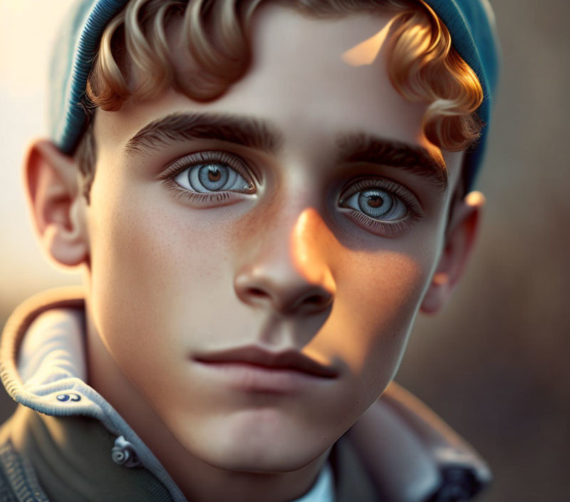 Young boy with blue eyes in cap and hoodie under warm light