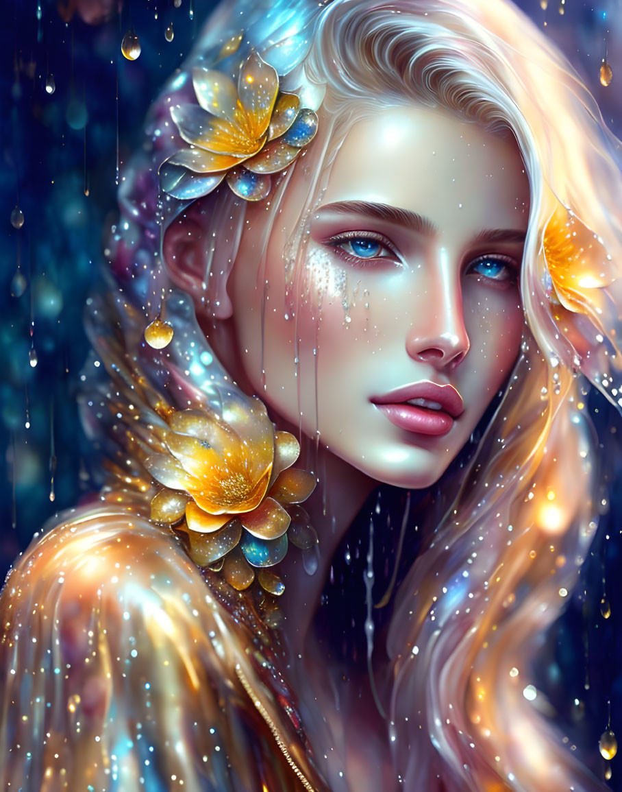 Digital artwork: Woman with golden floral accents, blue eyes, cosmic backdrop.