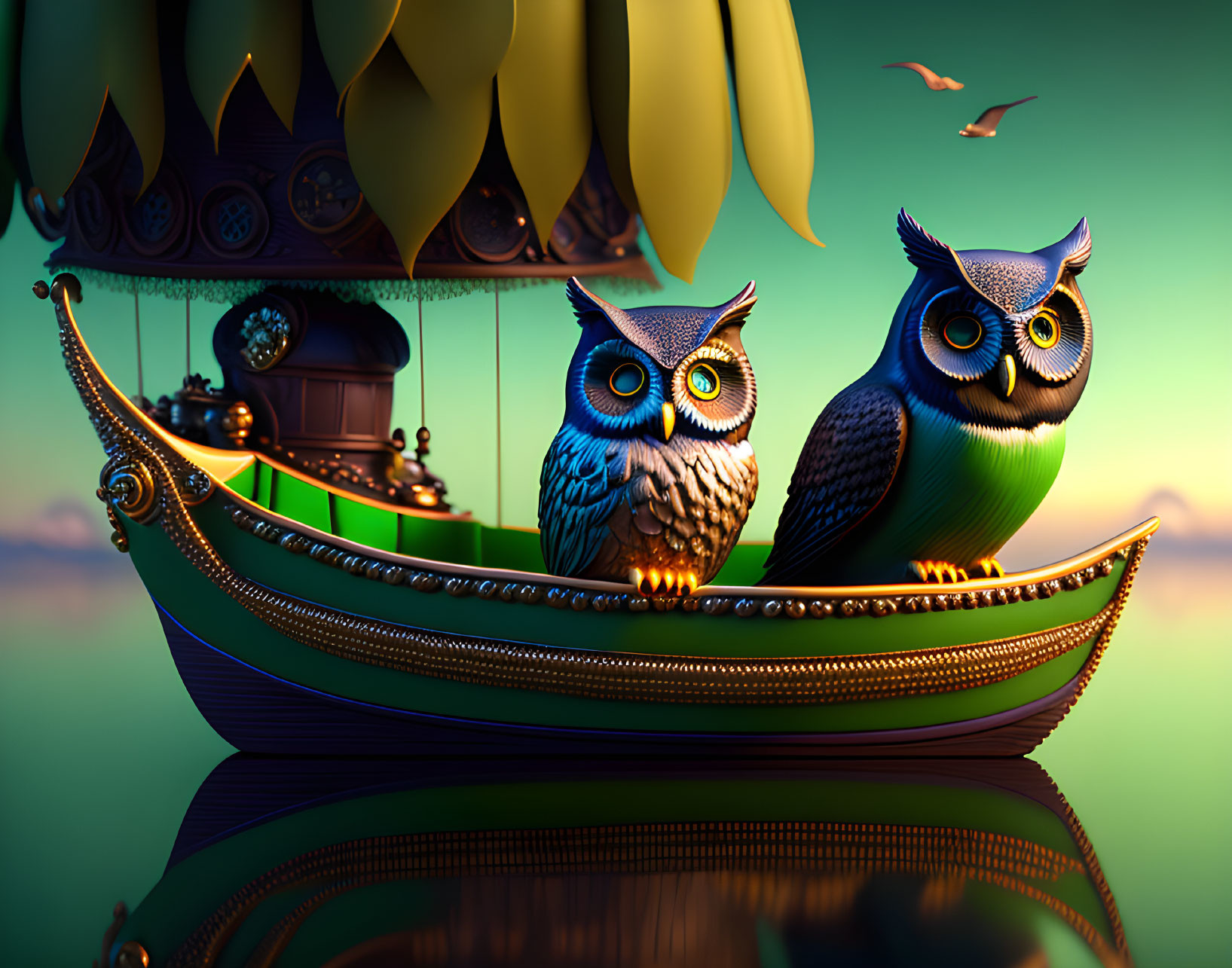 Stylized owls on golden-trimmed ship with banana canopy, twilight scene.