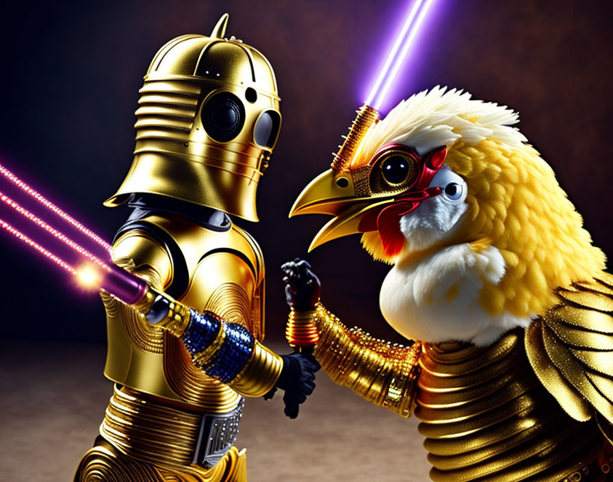 Anthropomorphic robot-like creatures with avian features in a sci-fi lightsaber battle