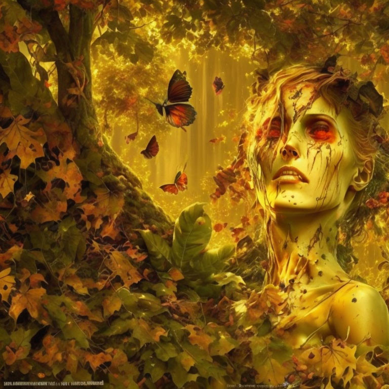 Woman blended with autumn foliage and butterflies in surreal forest setting