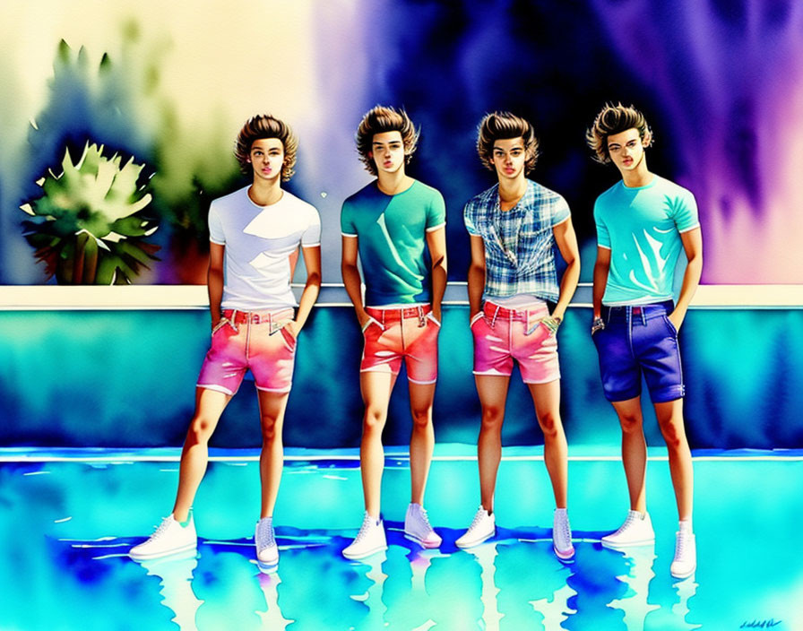 Four young men in trendy outfits by vibrant pool