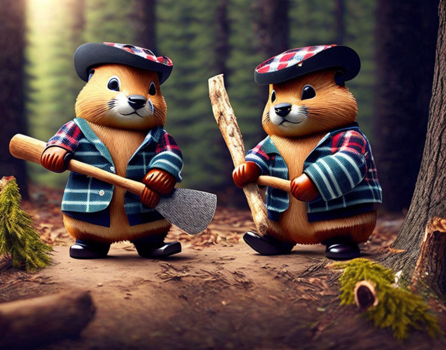 Plaid-shirted animated beavers with tools in forest landscape