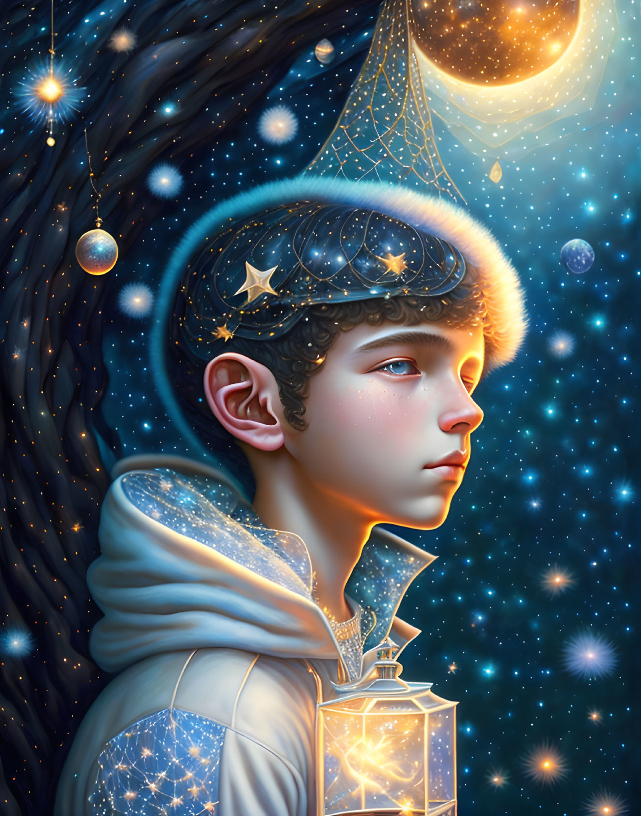 Young boy with cosmos hair and lantern in night sky illustration