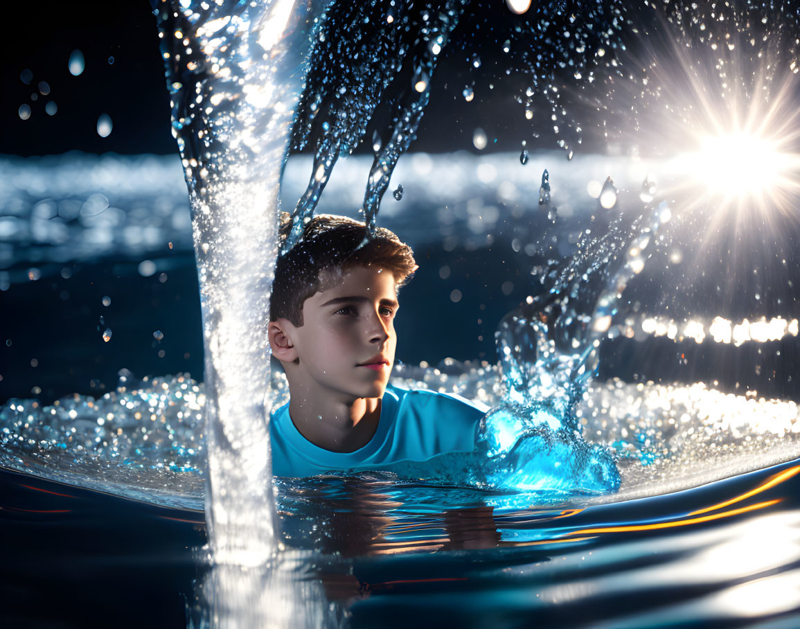 Boy in pool with splashing water under sun rays