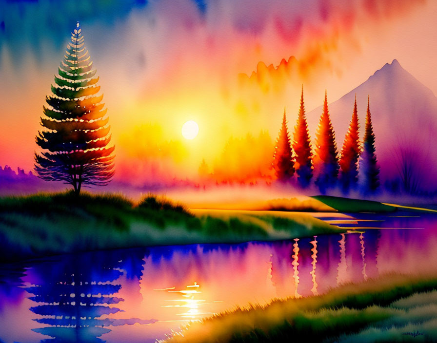 Scenic watercolor landscape: sunset, lone tree, calm waters, mountains.