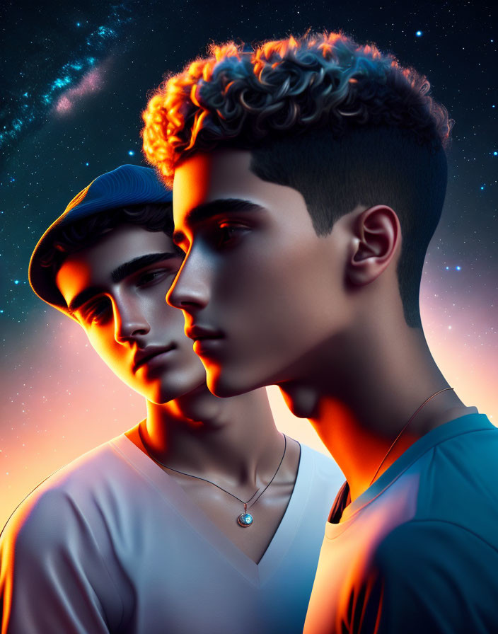 Stylized young men against cosmic sunset backdrop