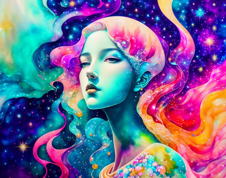 Vibrant digital artwork: woman with flowing hair in cosmic setting