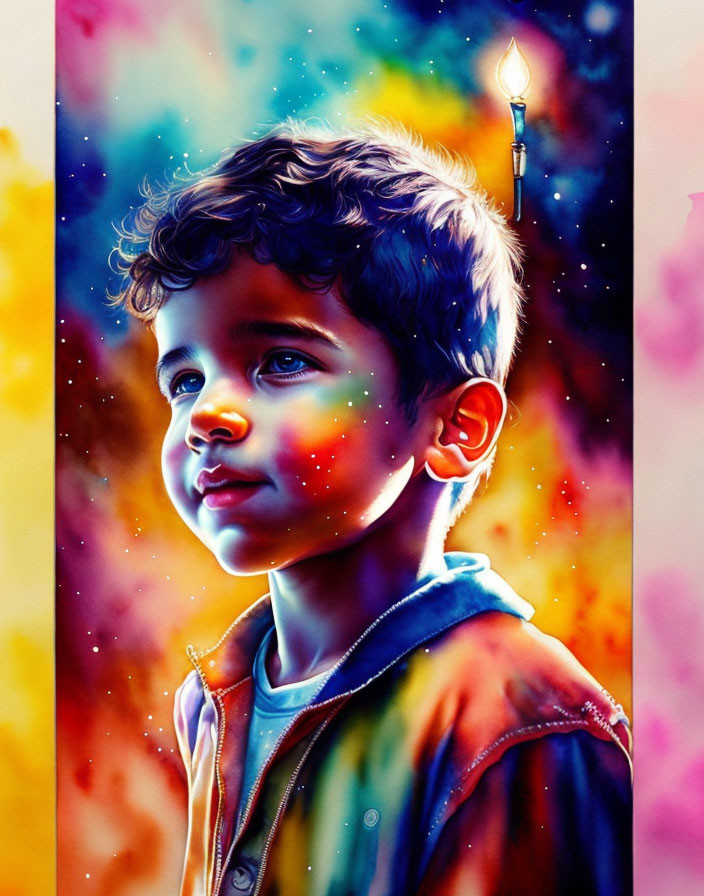 Colorful digital painting: Young boy with curly hair and matchstick, vibrant abstract background