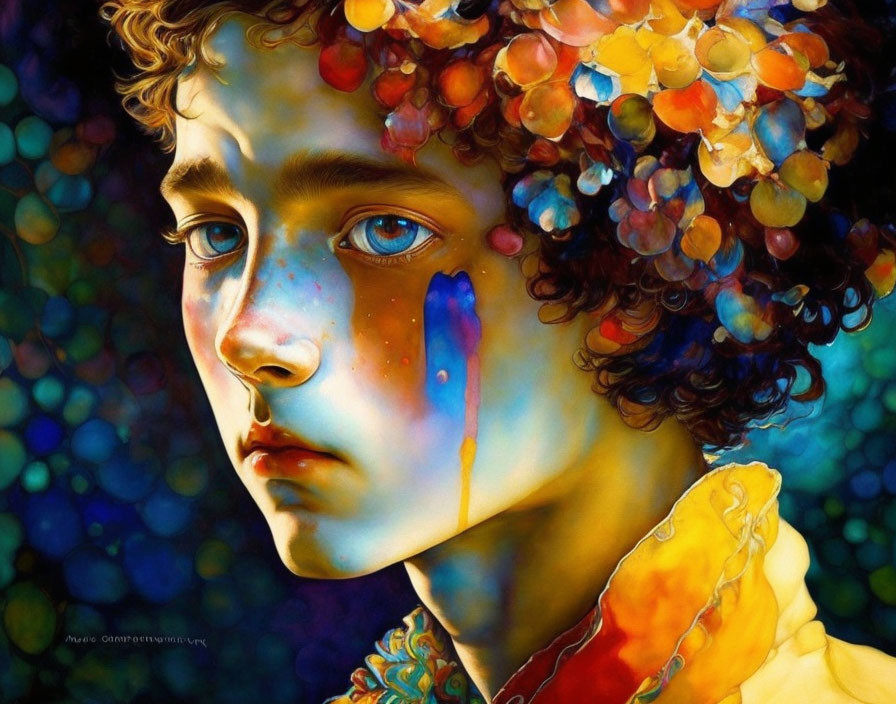 Vibrant painting of young person with curly hair and teardrop, wearing colorful headdress.