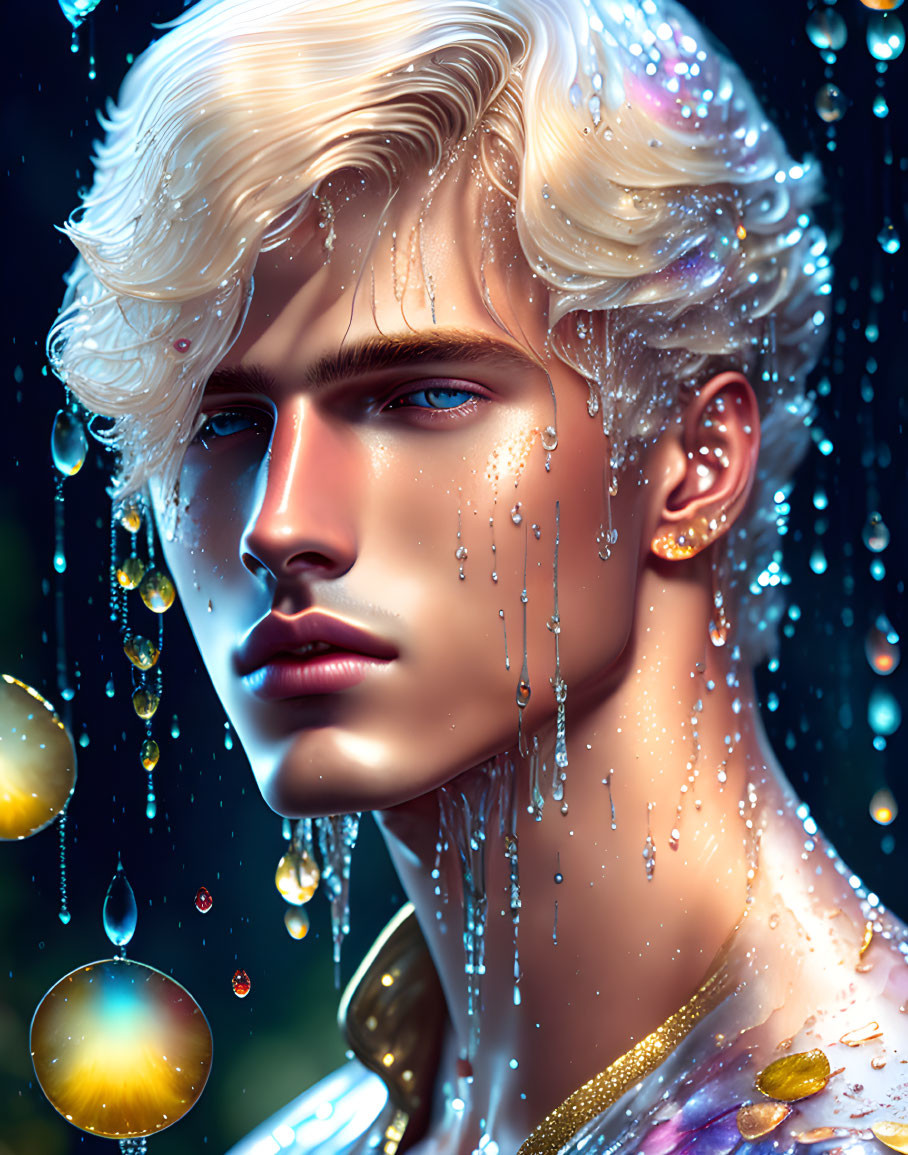 Character with Golden Tears and Floating Orbs in Digital Art