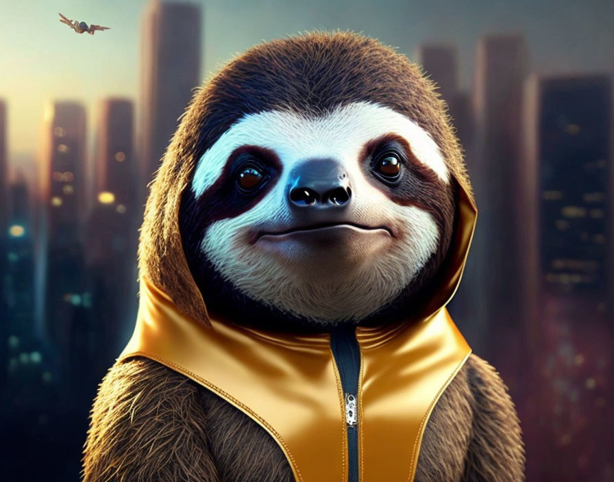 Sloth in yellow jacket with city skyline and bird silhouette