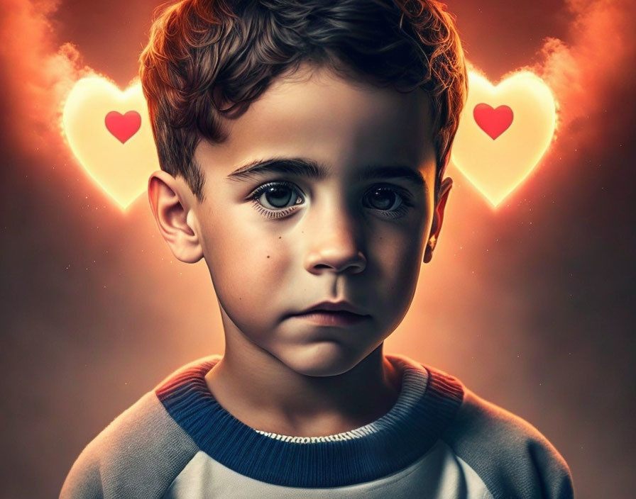 Young boy with expressive eyes and glowing heart symbols on dark background