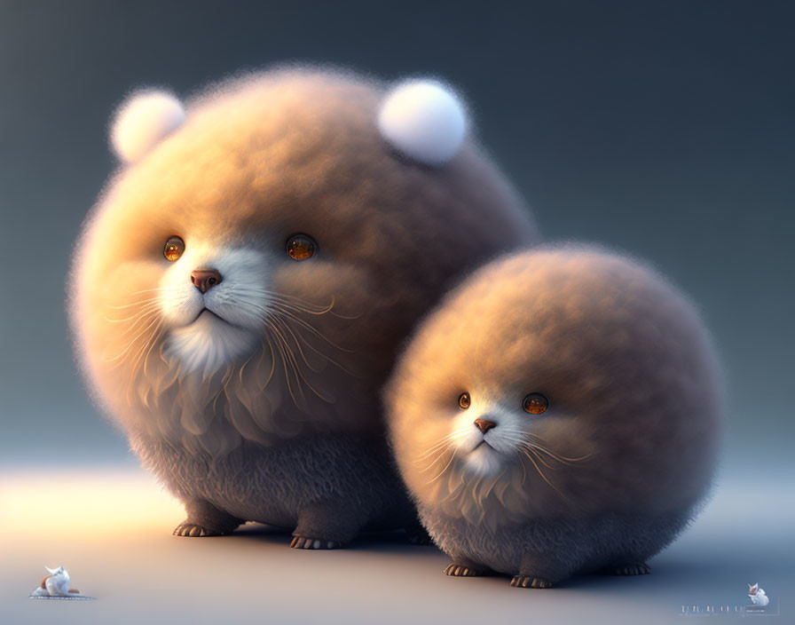 Fluffy round bear-like creatures with large eyes and small ears, alongside tiny mice on gradient background