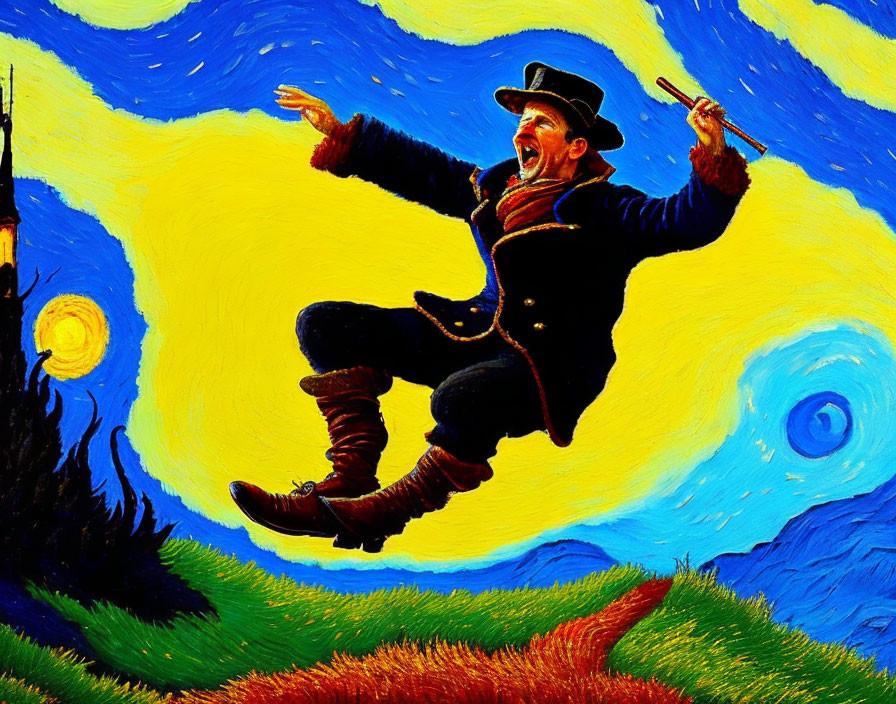 Vintage man in top hat and cane jumping in front of Van Gogh-style starry night.