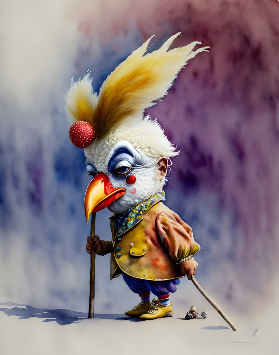 Colorful character illustration with bird-like head, clown nose, vibrant costume, jacket, and cane.