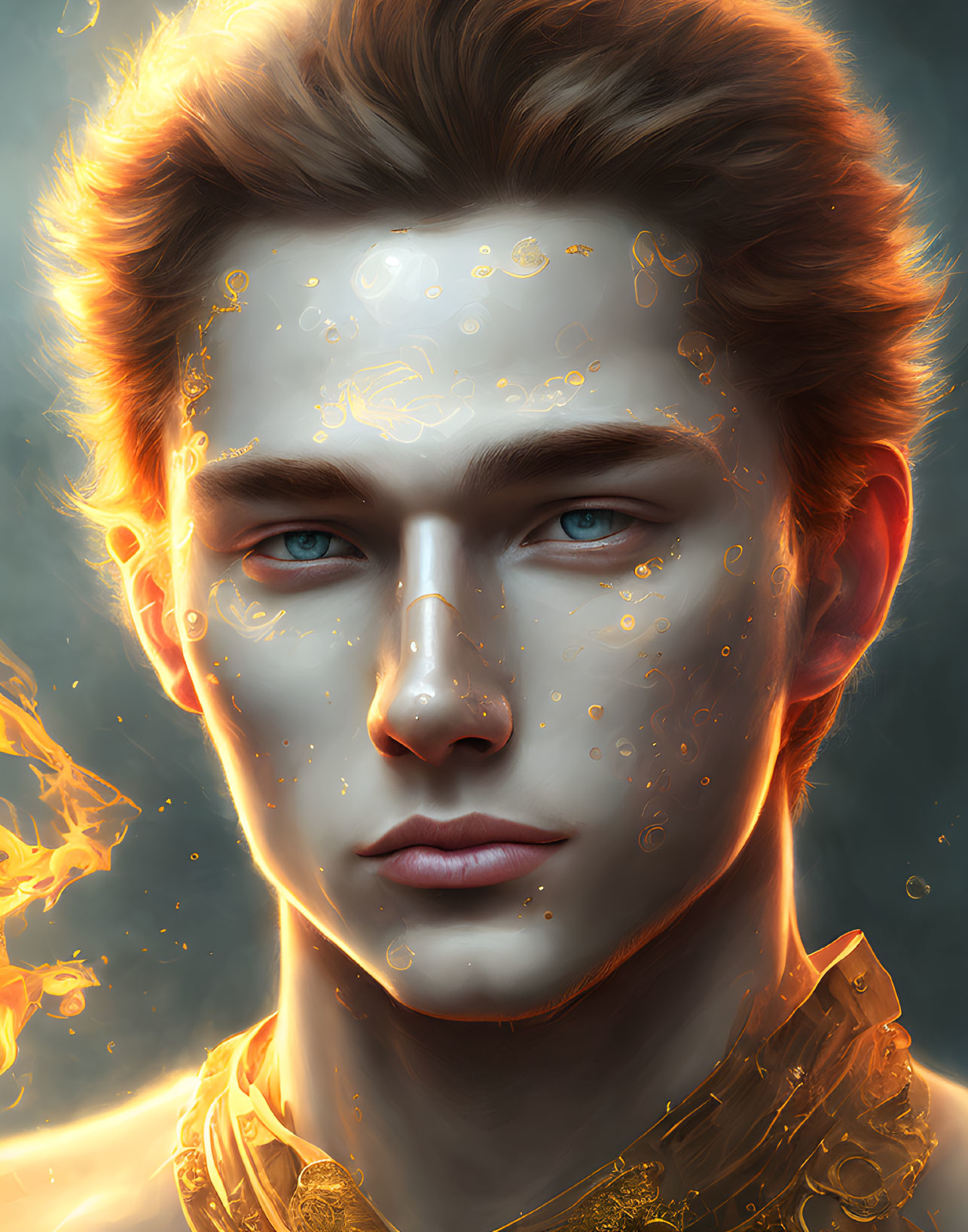 Portrait of a person with blue eyes and fiery elements on warm background