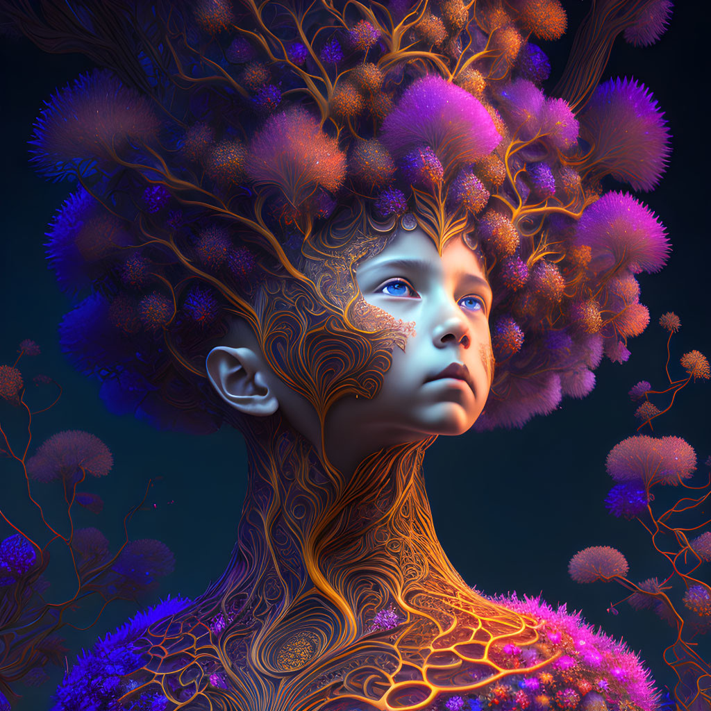 Portrait of person with tree-like skin patterns and coral hair.