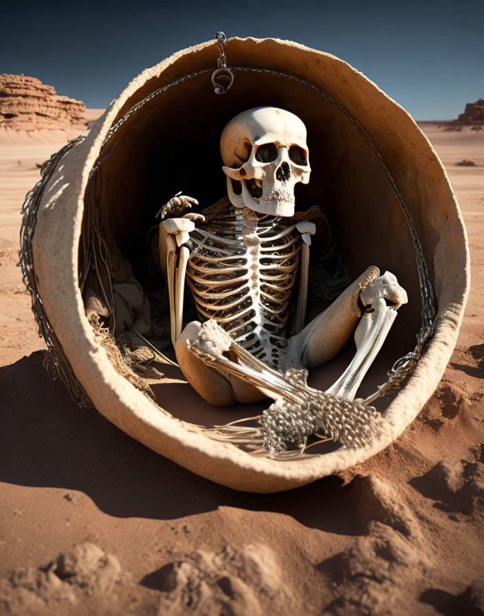 Human skeleton in weathered clay pot in desert landscape