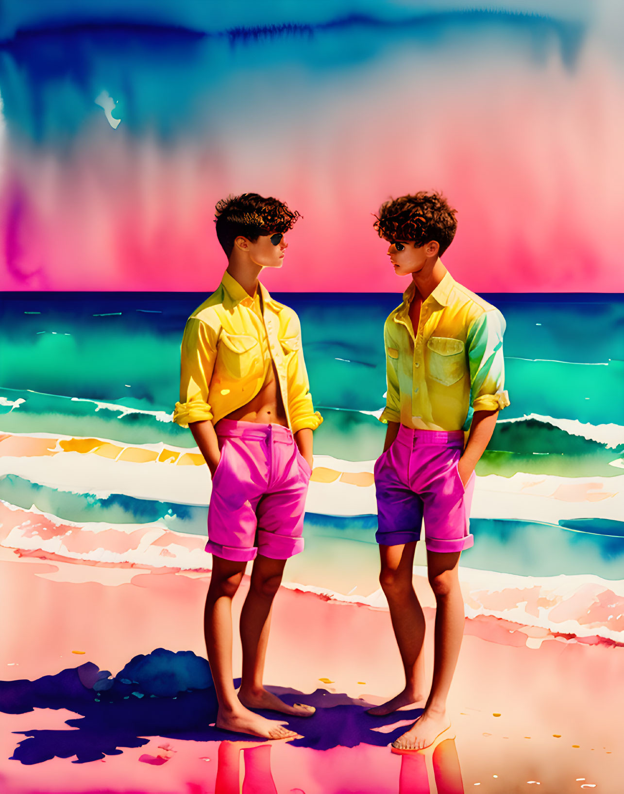 Vibrant surreal colors: Two individuals on a beach