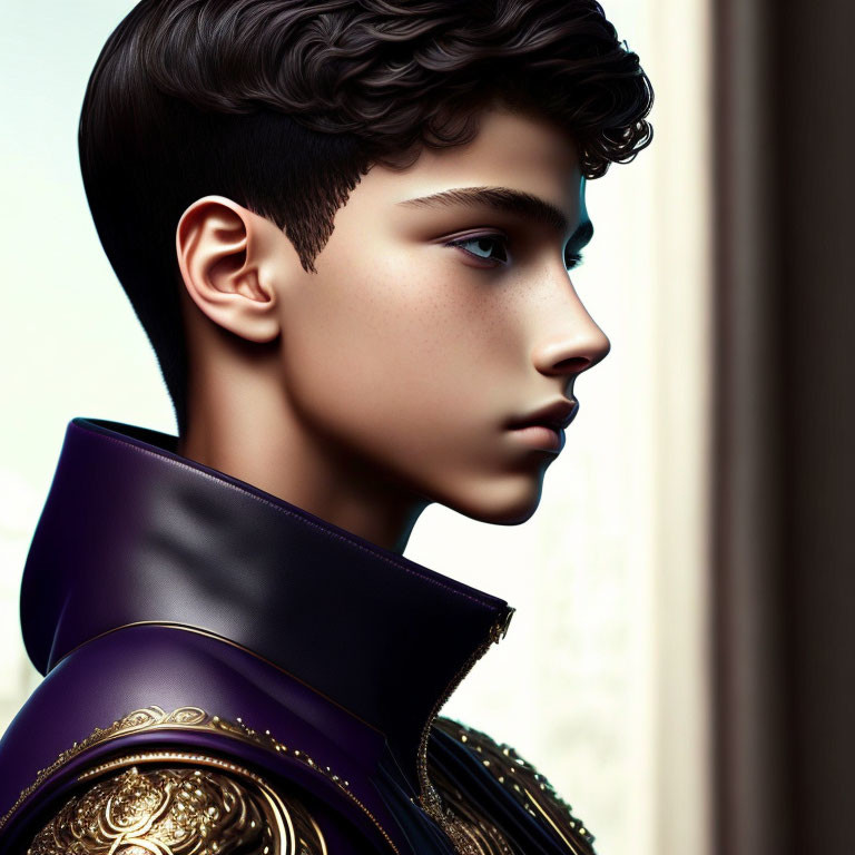 Stylized digital artwork of young male in luxurious purple jacket