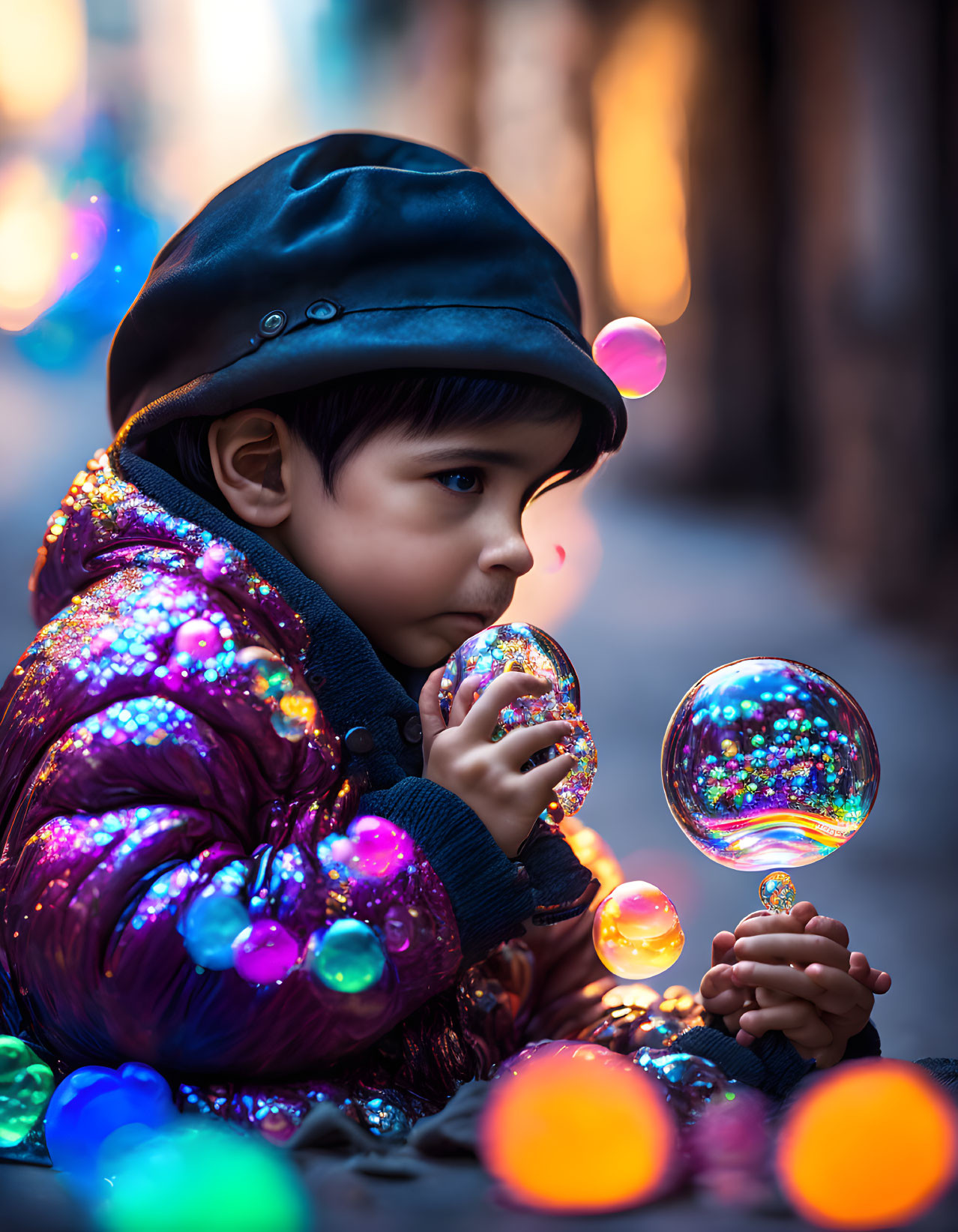 Child in Purple Jacket Mesmerized by Colorful Bubbles