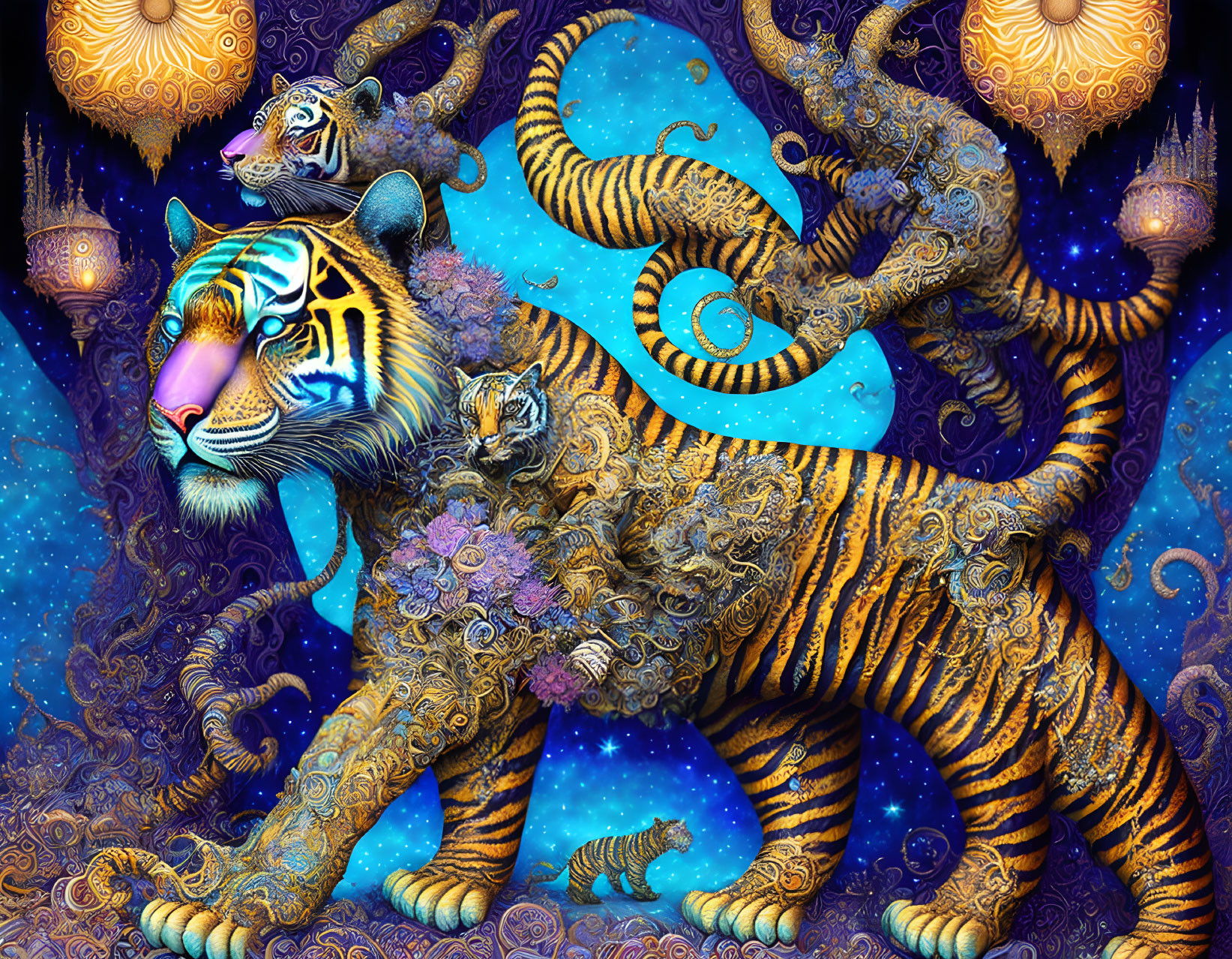 Stylized tigers in intricate patterns on cosmic background