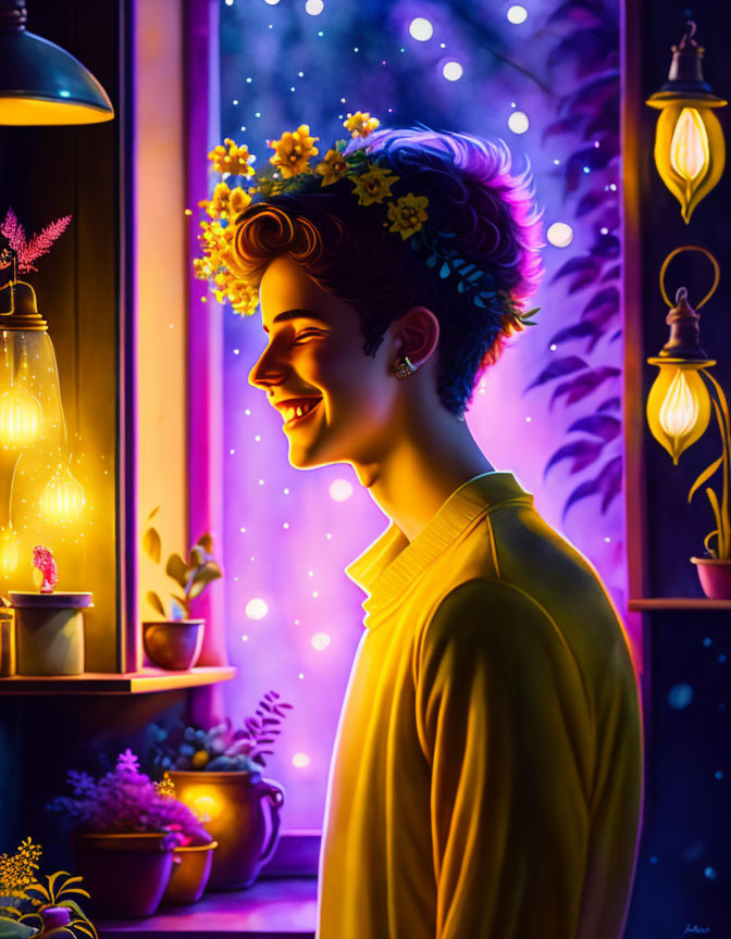 Person with flower crown smiling by night window with lanterns and plants