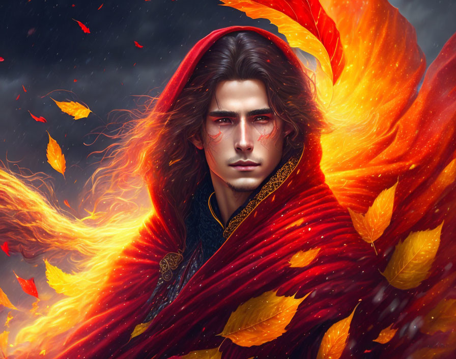 Man in Red Cloak Surrounded by Flames and Leaves - Digital Artwork