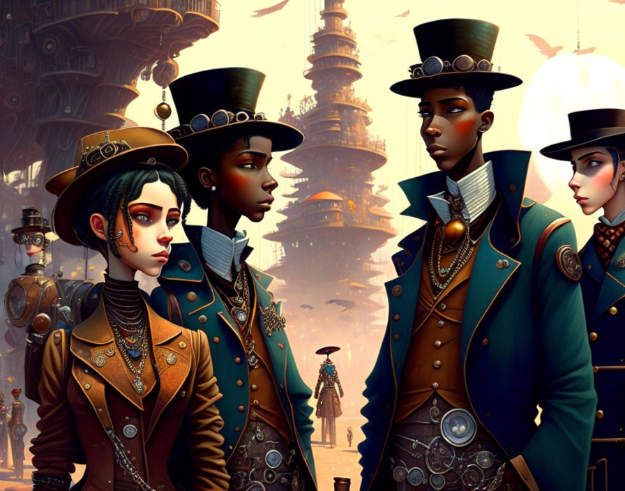 Victorian-style animated characters with futuristic cityscape.