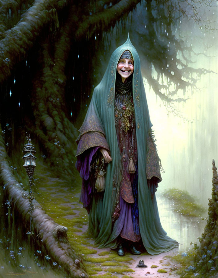 Smiling person in green cloak on forest path with lanterns