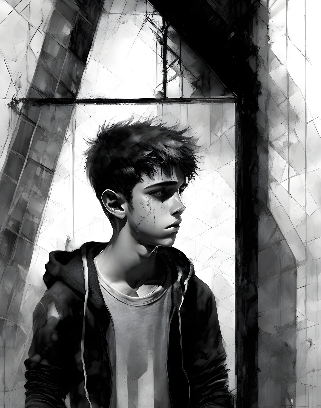 Monochrome illustration of a young person in a hoodie by a window