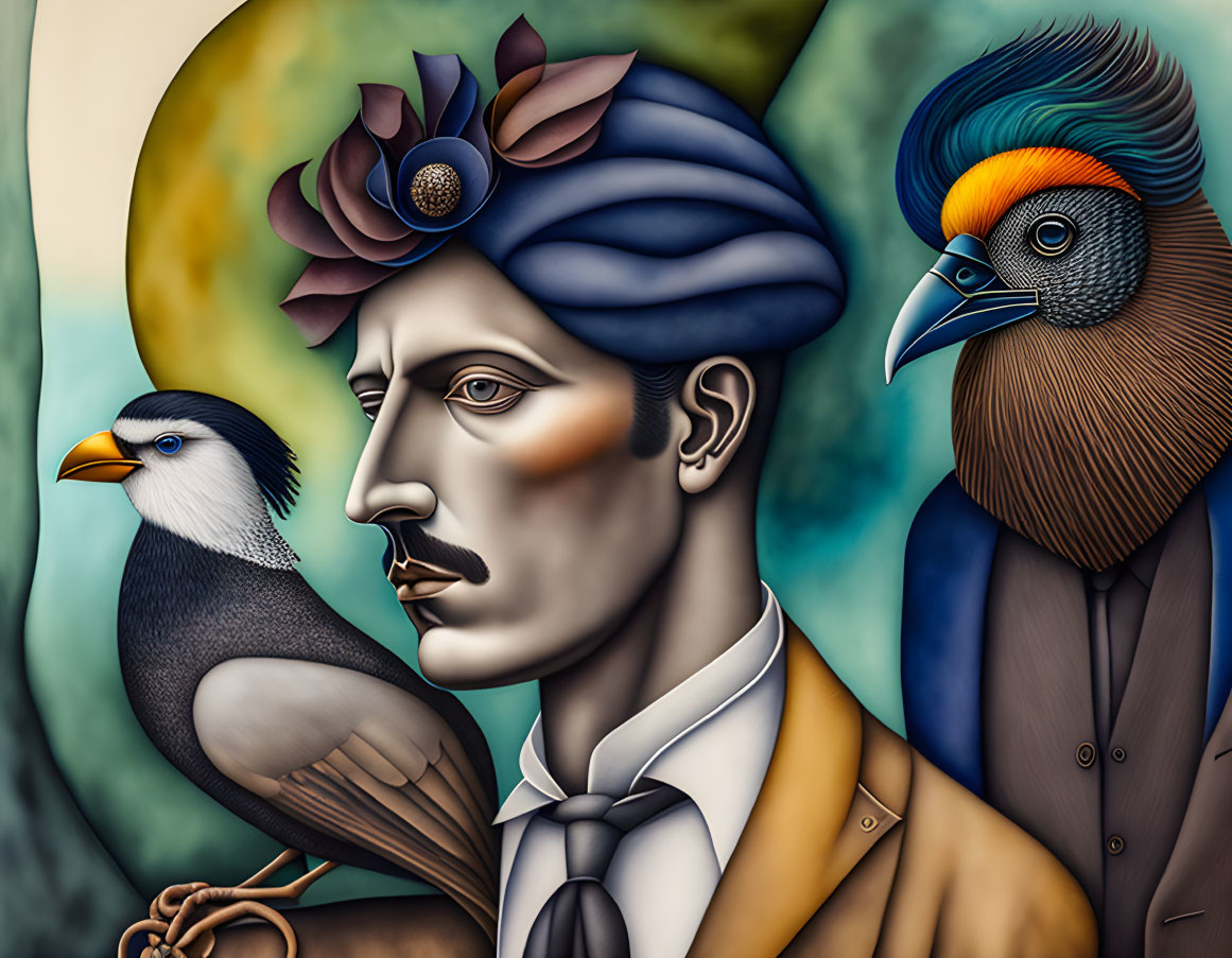 Surrealistic painting of a man in profile with blue turban and ornate birds on colorful