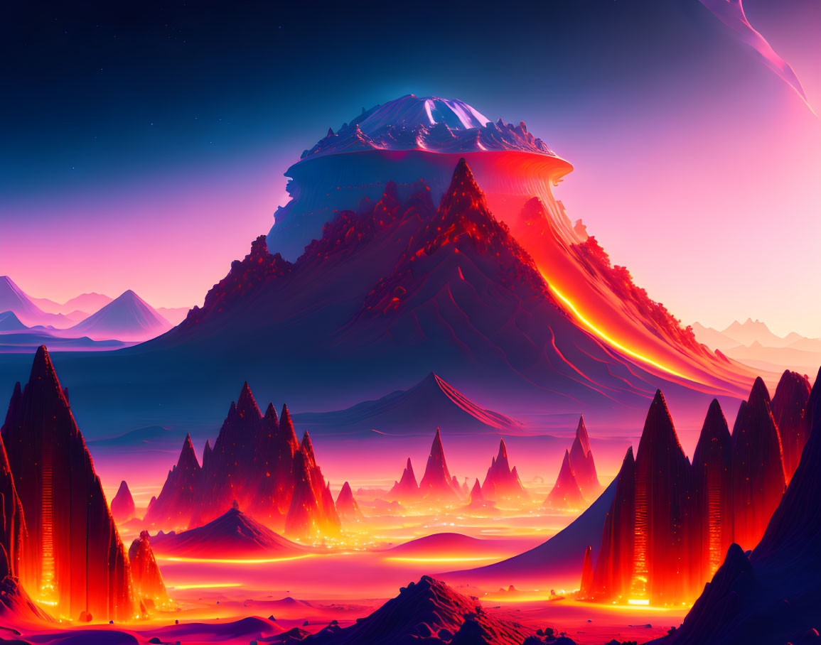 Vivid neon-lit landscape with luminous river and towering mountains