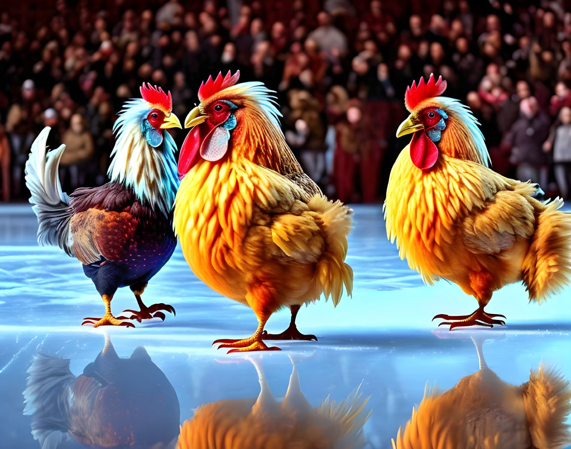 Vibrant roosters on reflective surface, blurred crowd in background