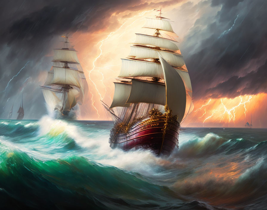 Tall ships in turbulent seas under ominous skies with lightning