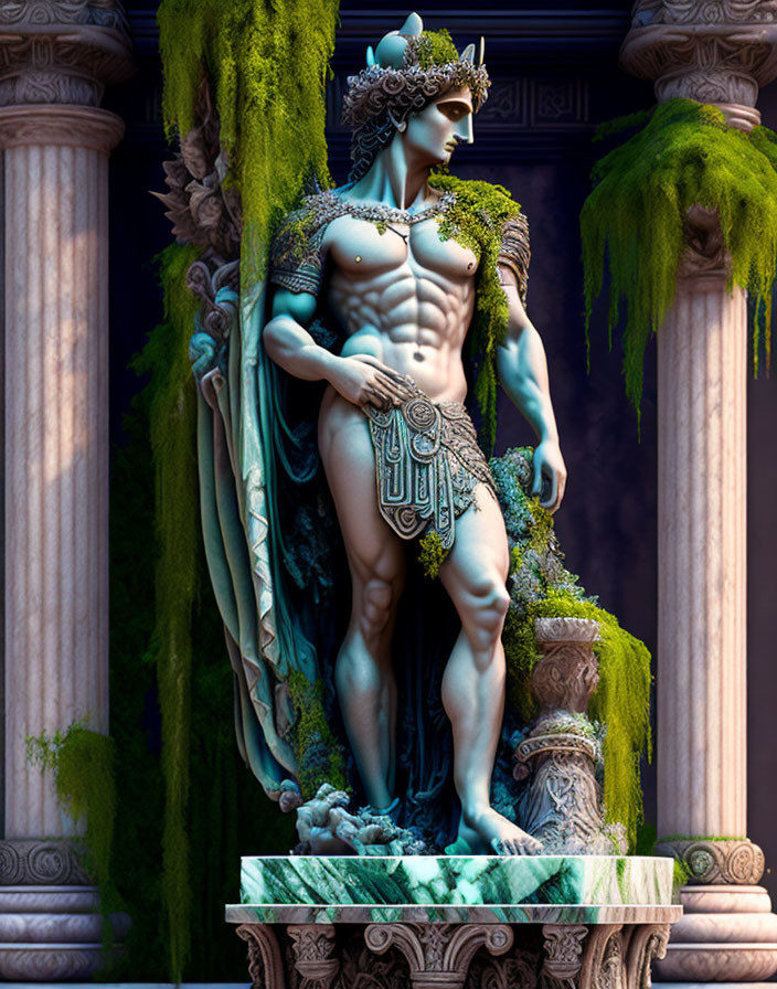 Detailed Fantasy Creature with Human and Aquatic Features in Armor and Ivy, Against Classical Pillars