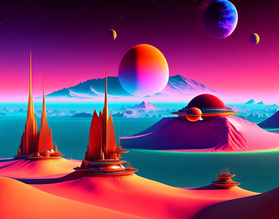 Colorful digital artwork of alien landscape with spires, hills, and celestial sky