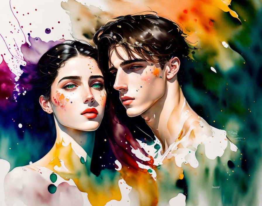 Colorful Watercolor Painting of Young Man and Woman in Beautiful Blend