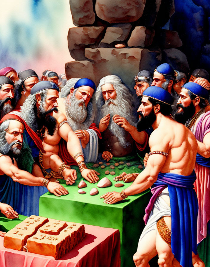 Vibrant biblical scene: ancient men in robes discussing at table with bread and stones