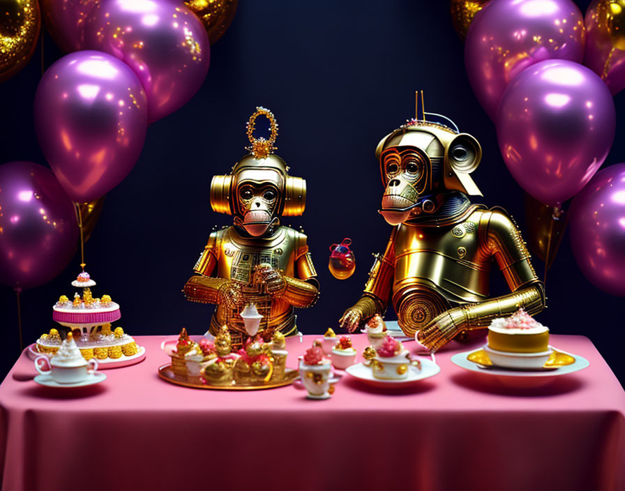 Golden robots tea party with cakes and balloons on dark background