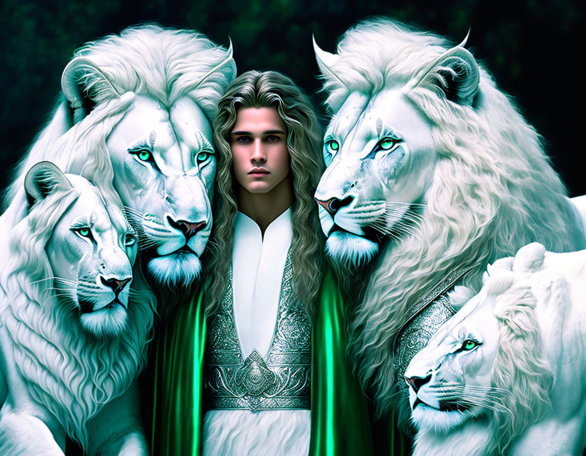 Long-haired person with four white lions in dark forest.