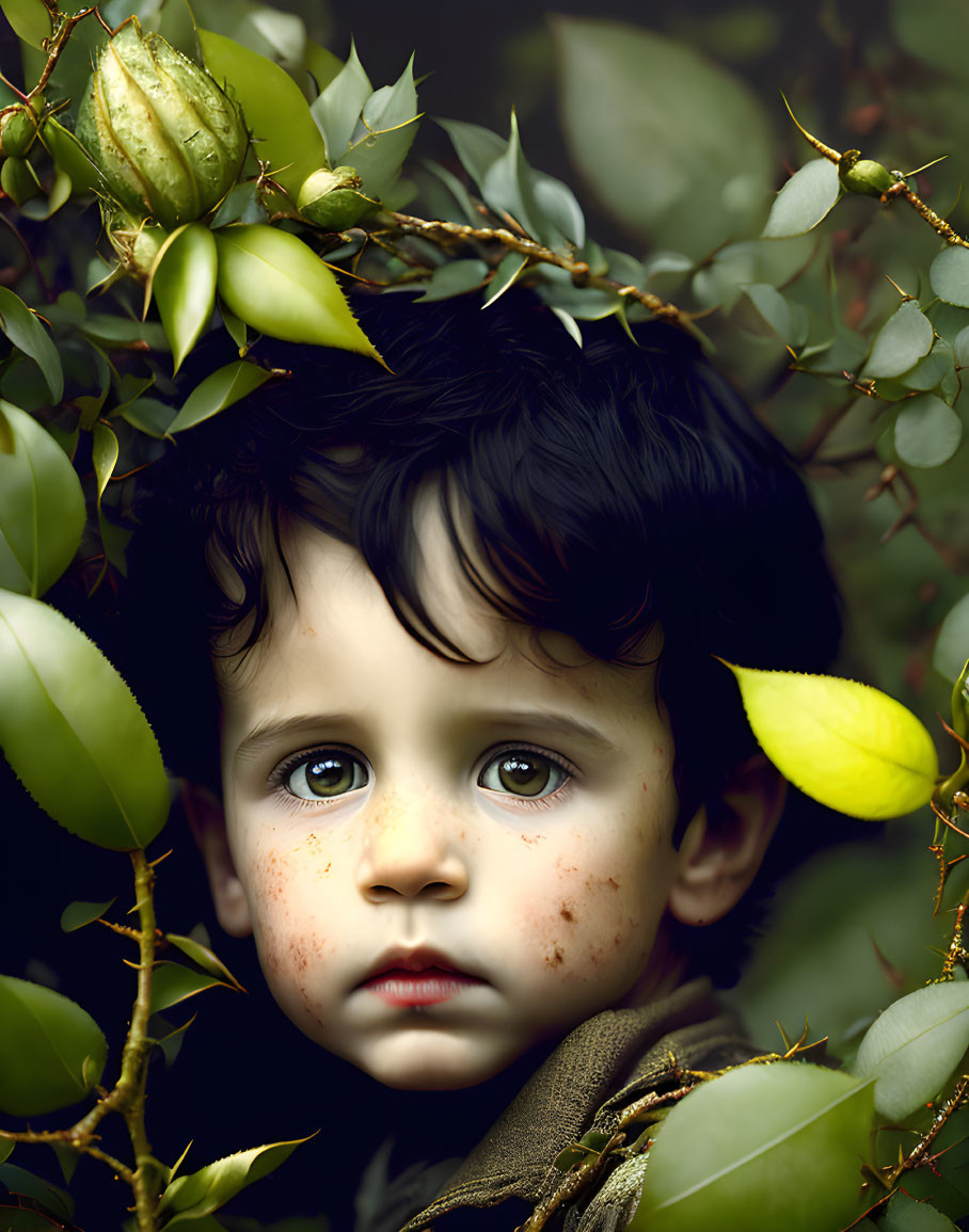 Young child with big eyes and freckles peeking through green foliage gap