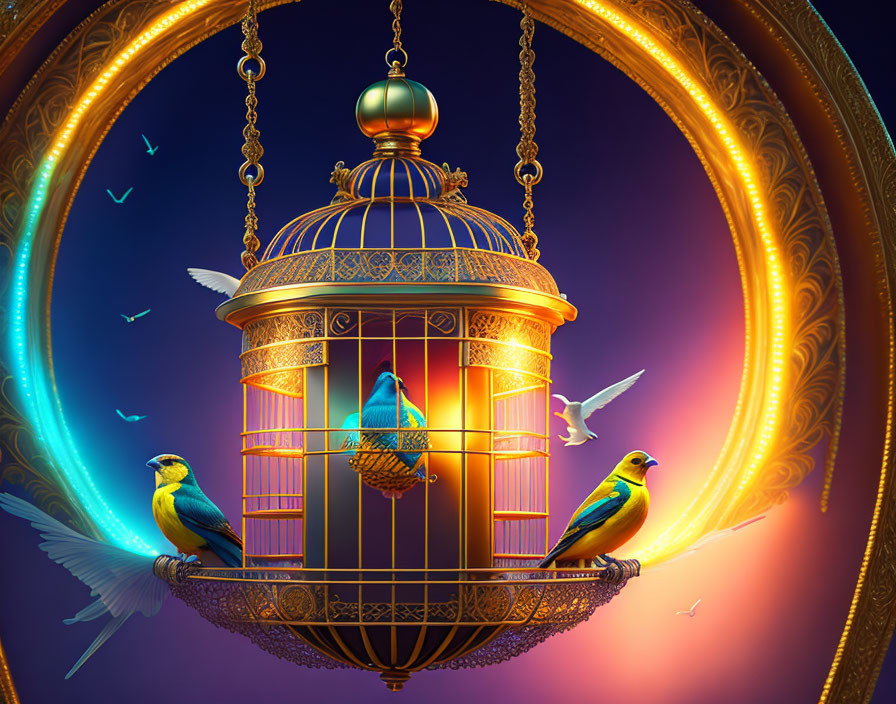 Vibrant birds in golden ornate birdcage against twilight sky