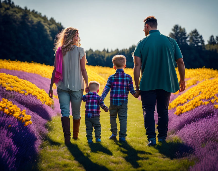 Family Walking Hand in Hand in Lavender Field Under Clear Sky